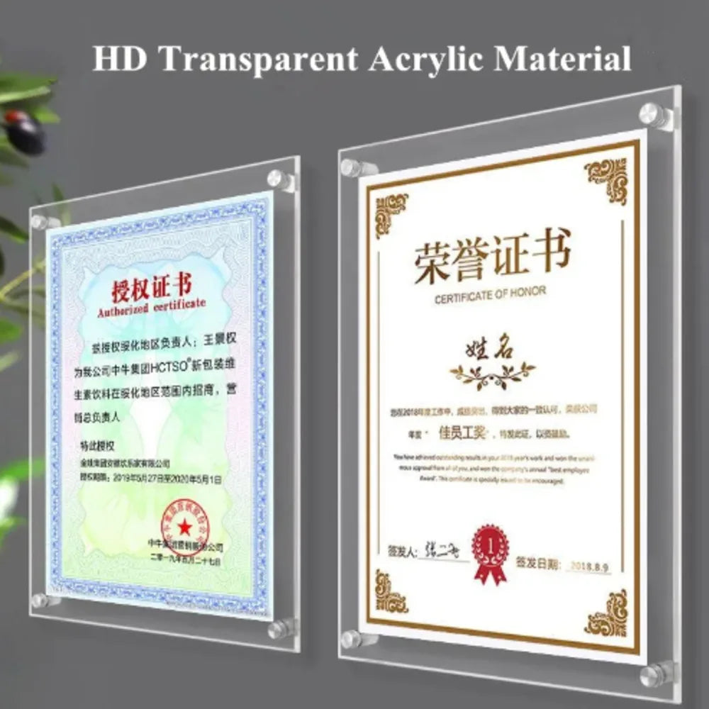 support mural transparent moderne clips certificats A4 acrylique rectangle sans bordure
