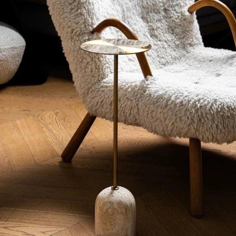 table basse moderne or texture travertin salon chambre coucher minimaliste rond métal inoxydable