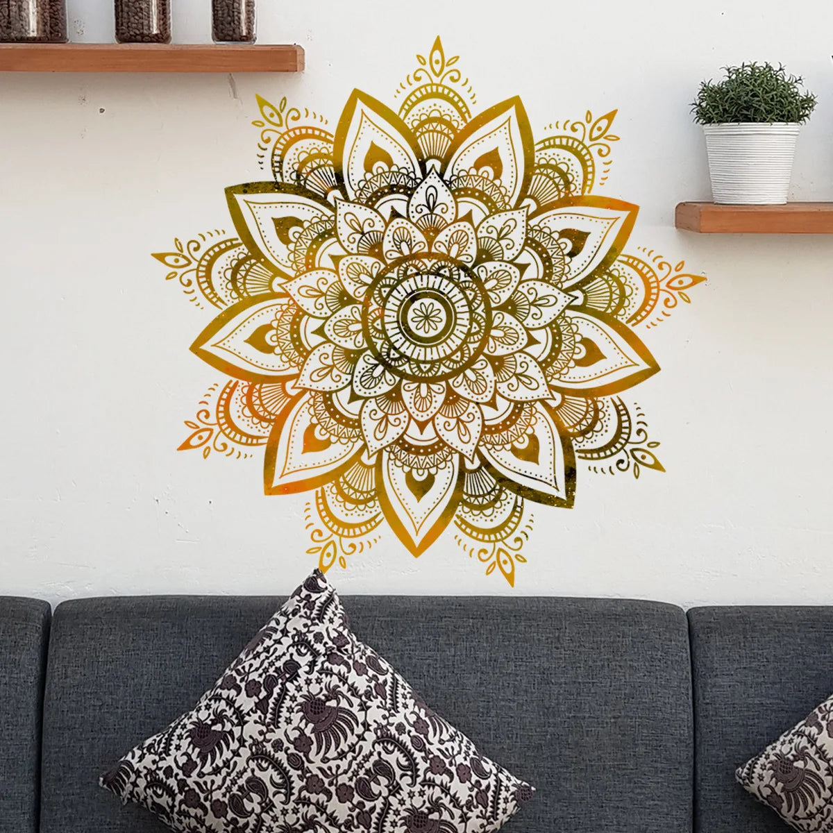 sticker mural mandala complexe doré beige ethnique boho chic adhésif salon chambre décoration murale