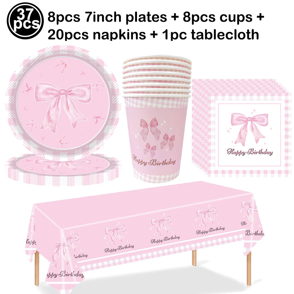 vaisselle jetable rose anniversaire filles assiettes gobelets serviettes nappe motif ruban fête enfant
