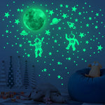 stickers muraux lumineux lune étoiles astronautes vaisseau spatial motif géométrique vert fluo adhésif décoration