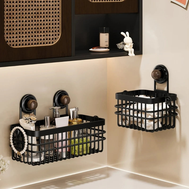 panier rangement mural succion noir blanc grille métallique moderne serviettes bouteilles savon tissus pliable