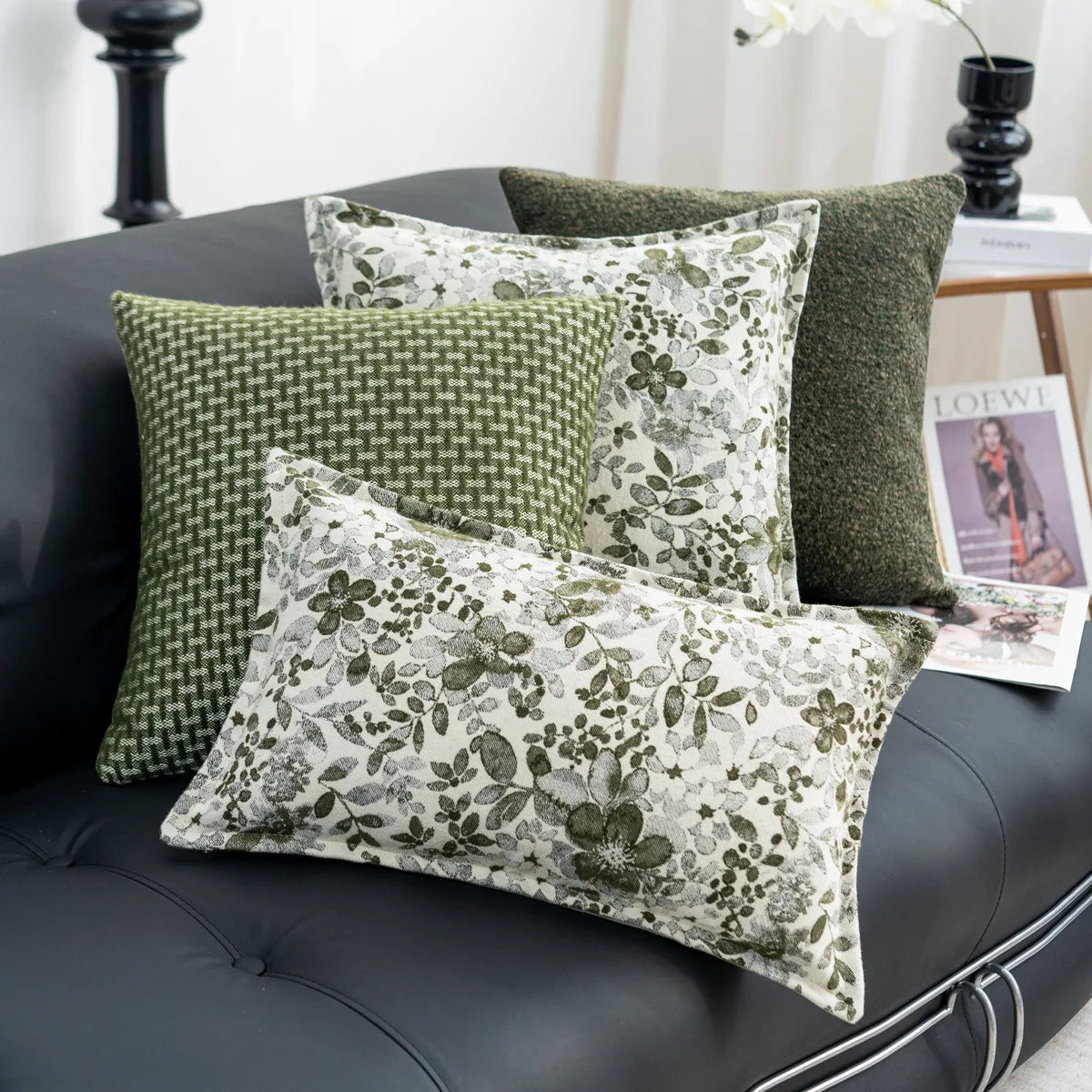 coussin deco vert olive motif floral moderne polyester jacquard adhesif 45x45cm 30x50cm