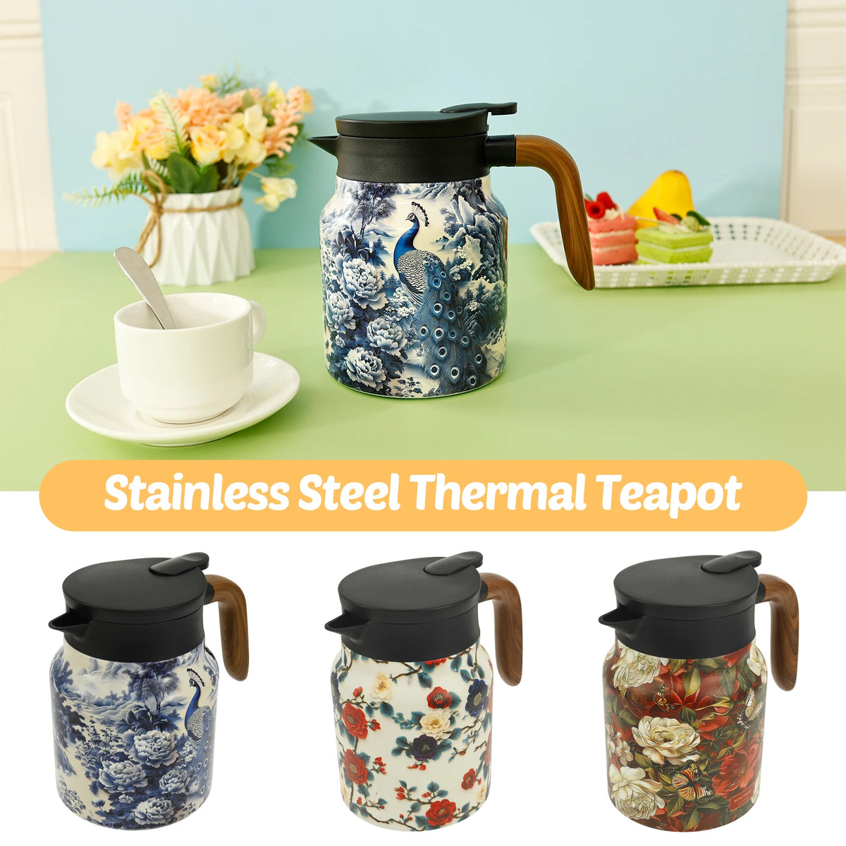 théière thermique acier inoxydable fleurs vintage poignée bois tasse assiette plateau