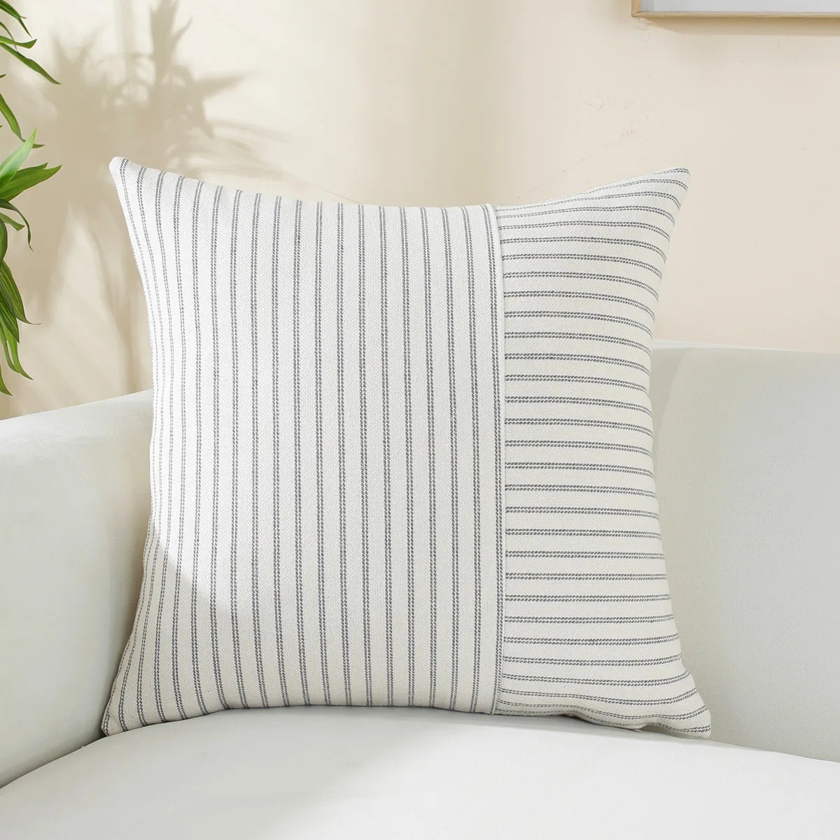 housse coussin carré rayé moderne coton lin 45x45 50x50 60x60 beige noir salon chambre