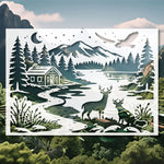 tableaux papier découpé paysages naturels animaux maison cerfs oiseau montagnes arbres opaque coloriage