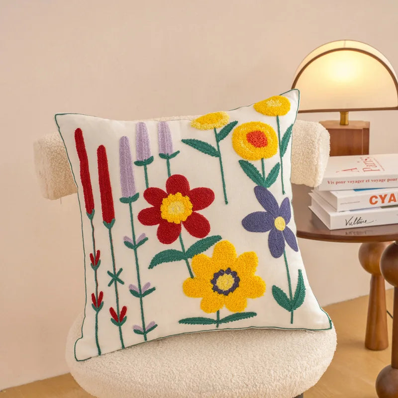 housse coussin décorative motif floral brodé moderne canapé salon lit maison blanc