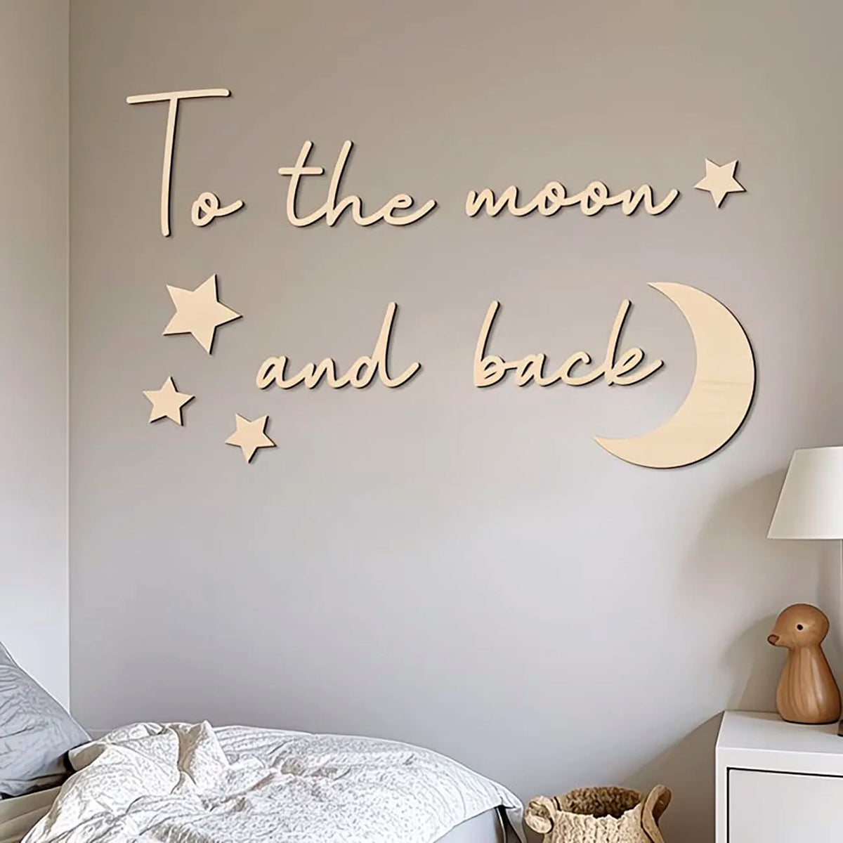 décoration murale moderne lettres lune étoiles adhésif naturel bois minimaliste