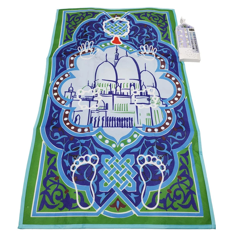 tapis interactif éducatif prière enfants musulmans illustrations mosquée palmiers motifs floraux éducatifs