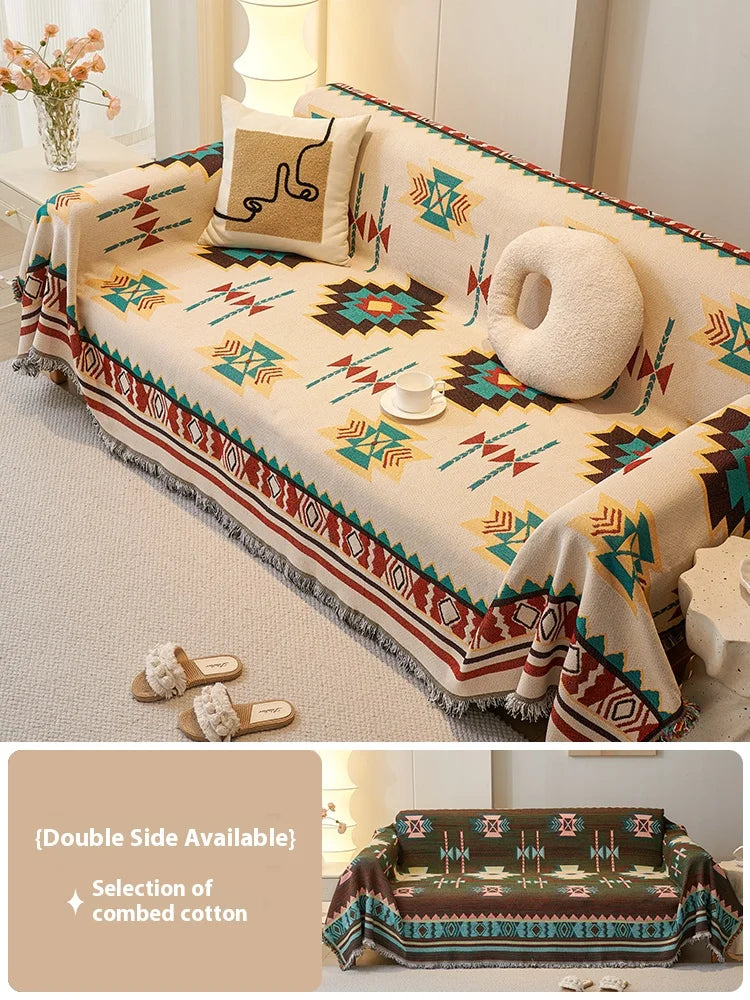 couverture canapé ethnique beige motifs tribaux franges automne hiver boho chic polyestère machine