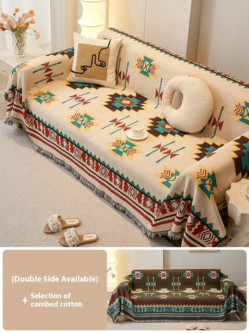 couverture canapé ethnique beige motifs tribaux franges automne hiver boho chic polyestère machine