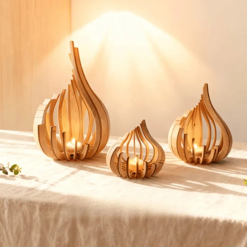 lanterne deco bois clair moderne minimaliste sculpture deco maison event bulbe forme fleur ajourée
