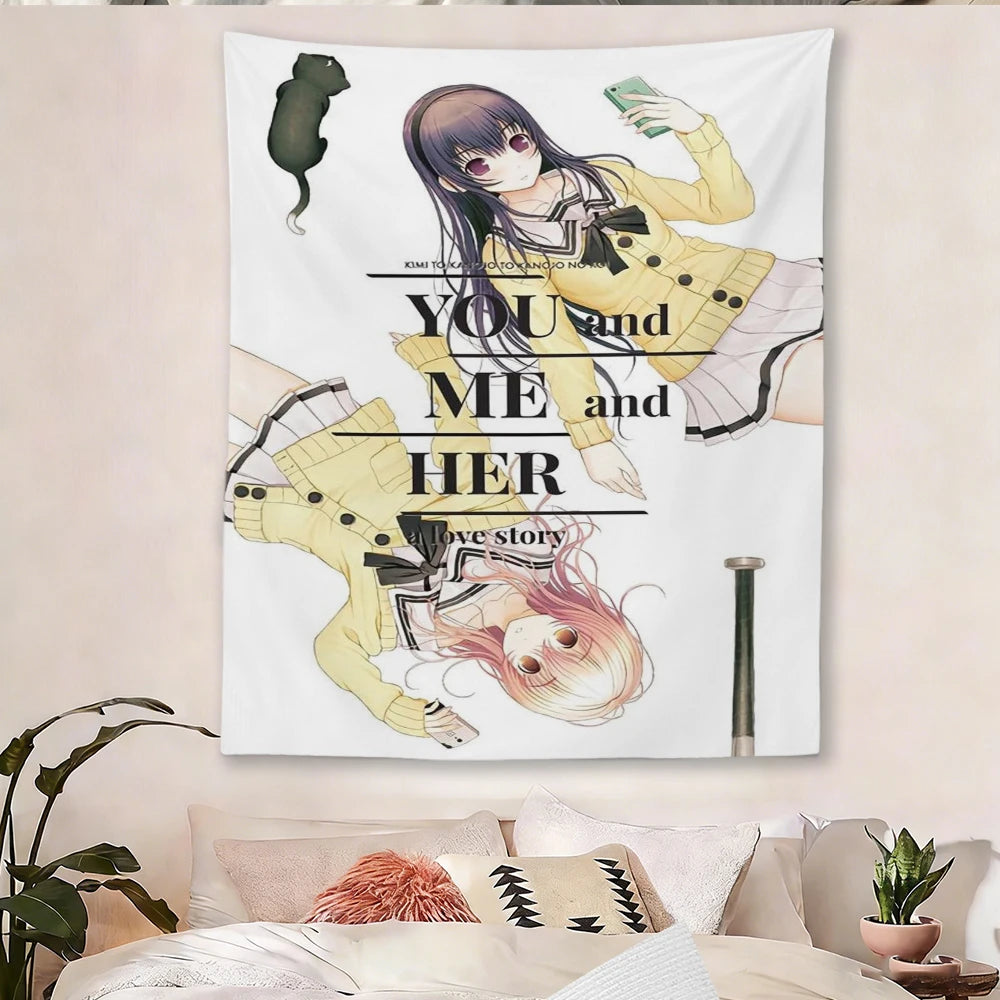 tapisserie anime illustration fille YOU ME HER couleurs noir blanc rose chambre adolescente