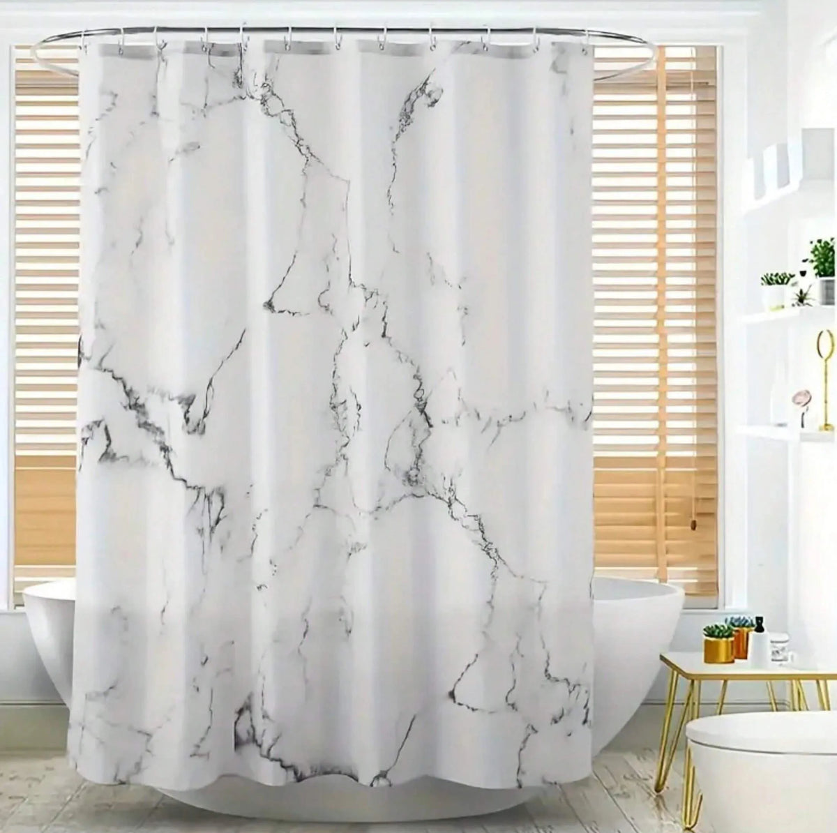 rideau douche marbre blanc doré moderne 12 crochets opacité polyester salle bain decoration