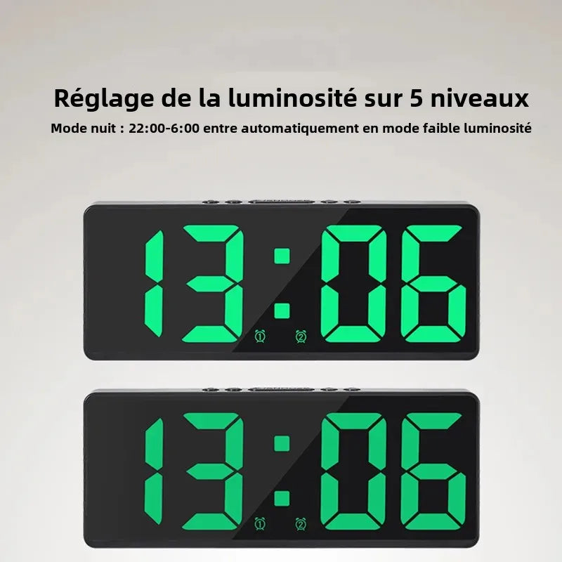 horloge numérique moderne écran LED noir blanc vert números lumineux anti perturbation snooze mode
