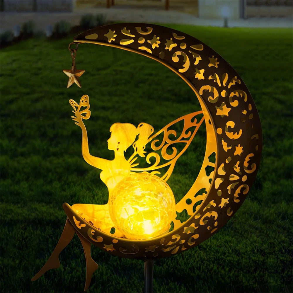 lampe solaire or lune sculptée motifs floraux artisanale deco extérieure fleurs étoiles papillon fixe