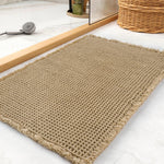 tapis bain microfibre absorbant antidérapant moderne beige clair maille géométrique bordure frisée sèche rapidement