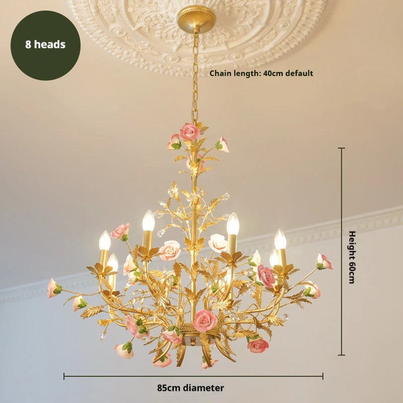 lustre suspendu led rose céramique fleurs cristaux classique interrupteur tactile chambre salon