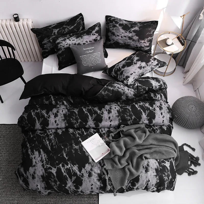 ensemble literie moderne motif marbré abstrait noir blanc pièces duvet taies d'oreiller