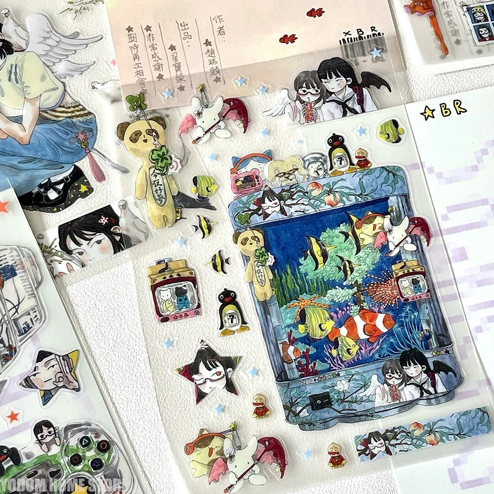 sticker multicolore personnages animaux motifs floraux art japonais diy scrapbooking illustrations fantaisistes