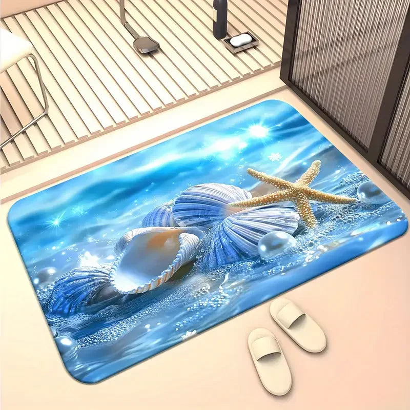 tapis sol moderne antidérapant motif marin coquillages bleu clair entrée salon
