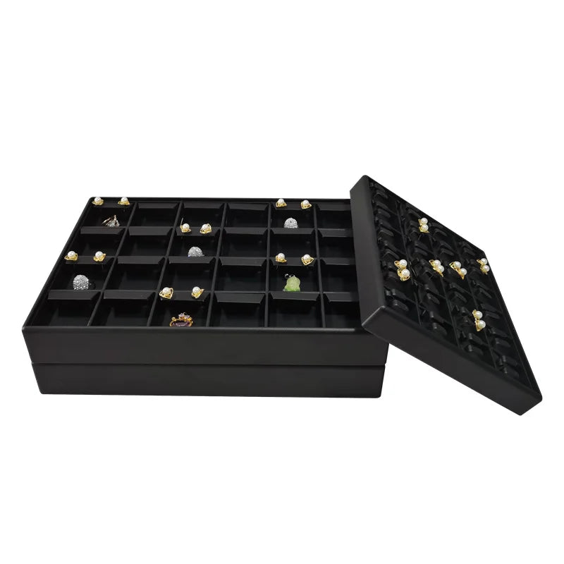 boîte bijoux cuir noir blanc plateau rangement bague boucle d'oreille organisation modernescrição