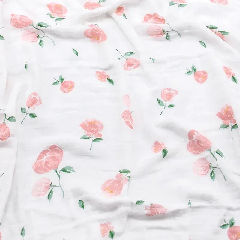 couverture bébé deux couches coton bambou motif floral moderne opacité verte blanc roseclair