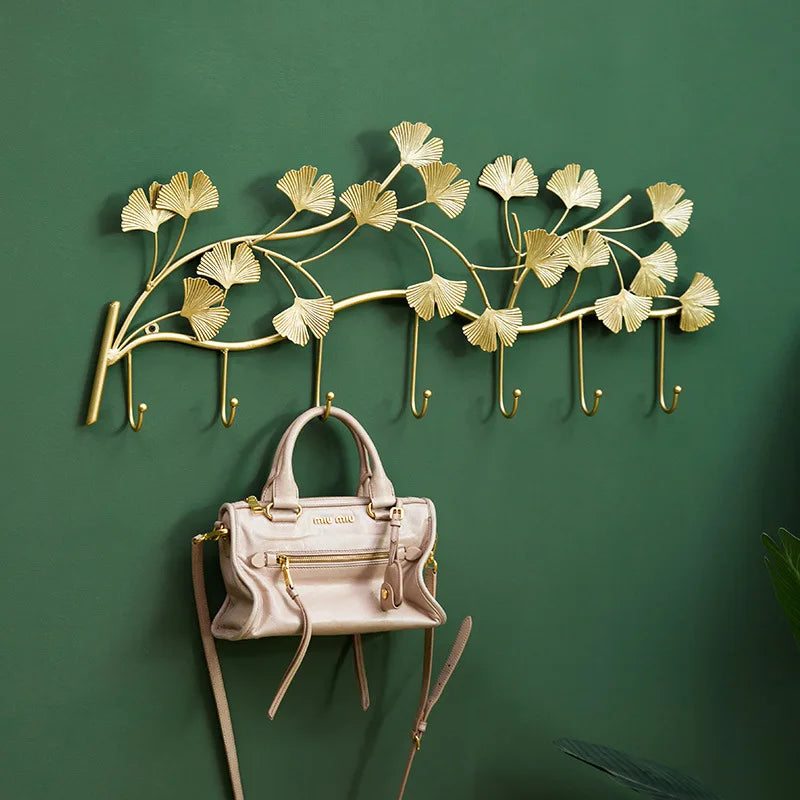 porte sacs mural feuilles gingko or moderne crochets fixations
