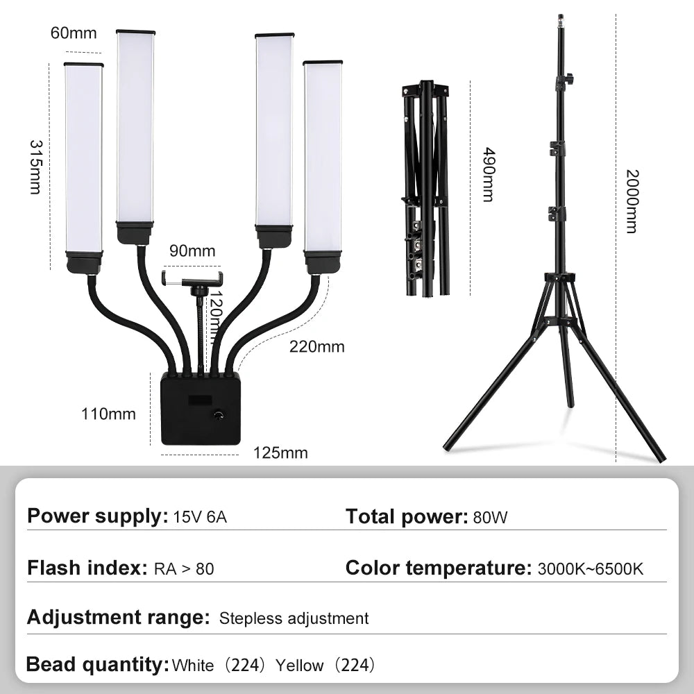 lampe photographie quatre bras noir blanc réglable continu 3200K 5600K clips aluminium moderne