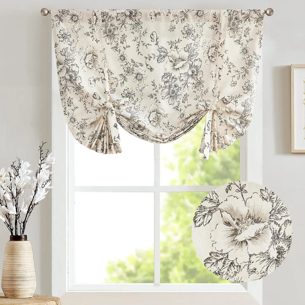 rideau imprimé végétal branches feuilles beige clair vert classique rustique fixations bois