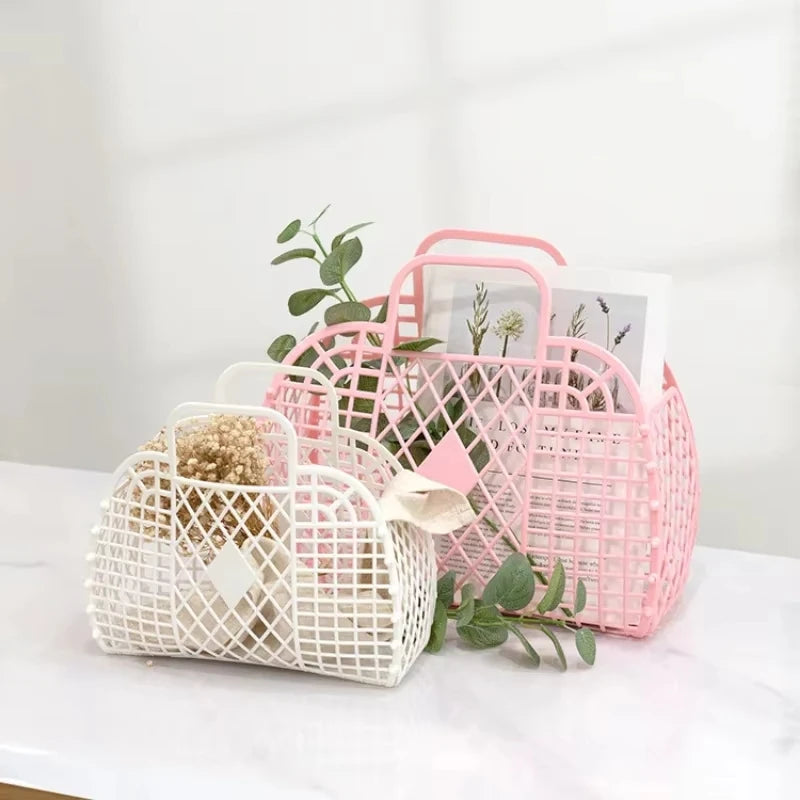 panier maille moderne noir rose clair bébé rangement réutilisable respectueux environnement minimaliste poignéescrição basée