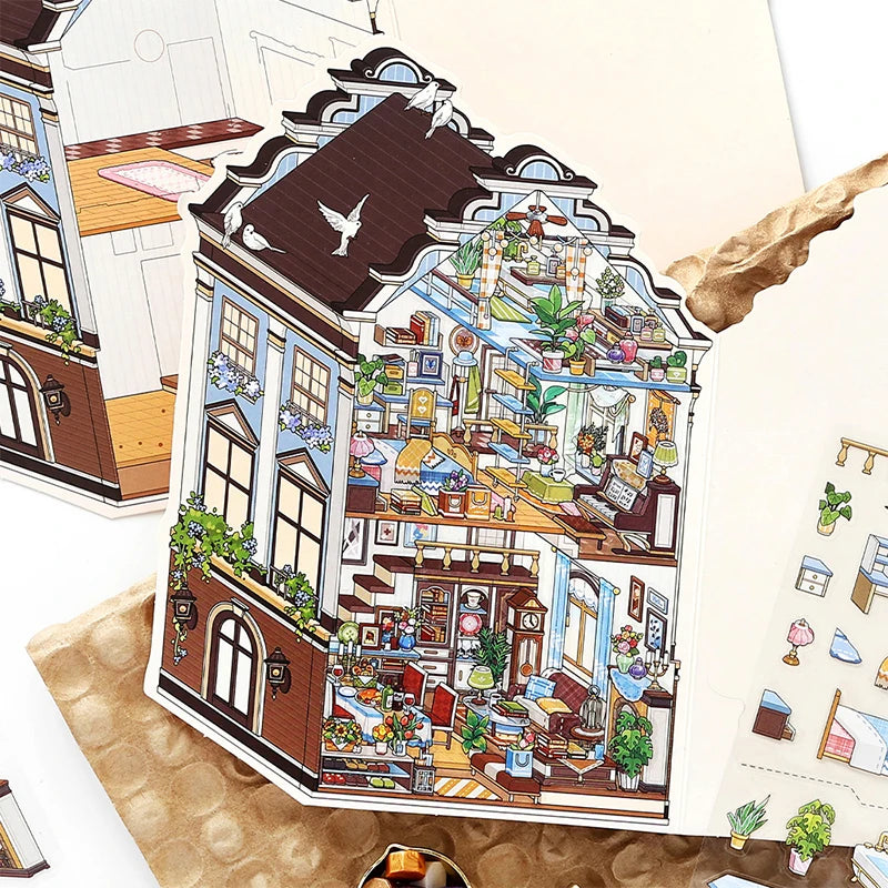 puzzle 3d intérieurs extérieurs bâtiments bleu marron beige violet illustration détaillée artiste