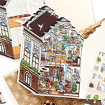 puzzle 3d intérieurs extérieurs bâtiments bleu marron beige violet illustration détaillée artiste