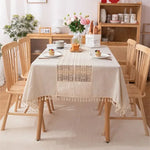 nappe table rectangulaire beige clair rustique boho chic tissée motifs franges