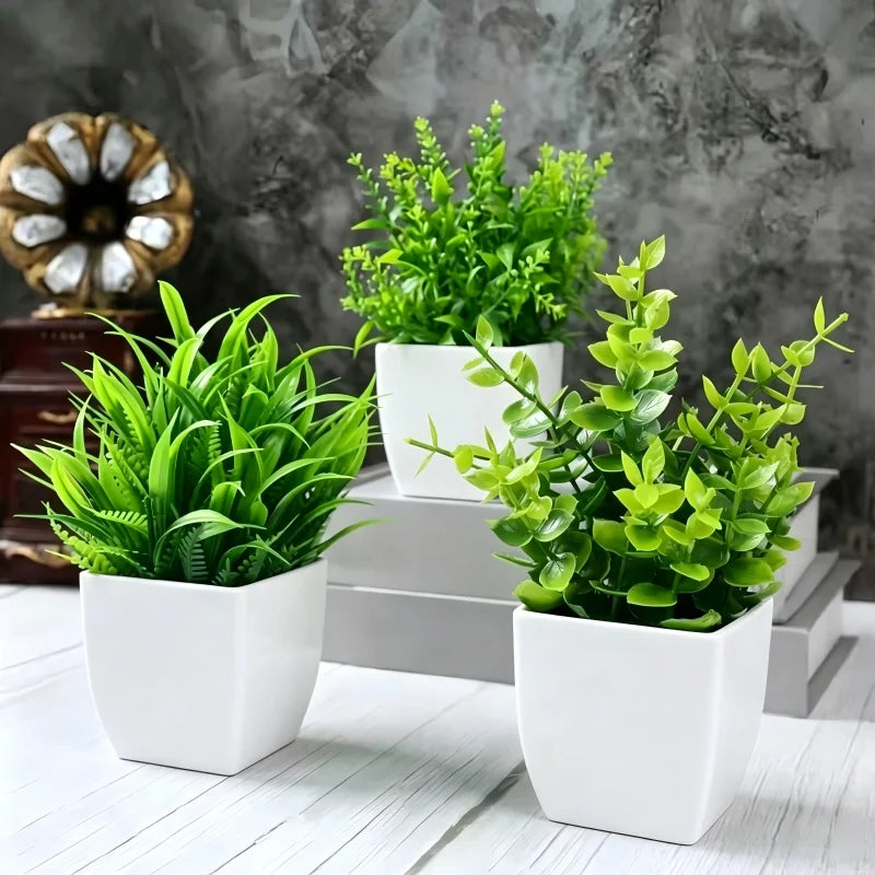 décoration intérieure plante artificielle eucalyptus bonsaï vert feuilles fines moderne sans entretien pot blanc