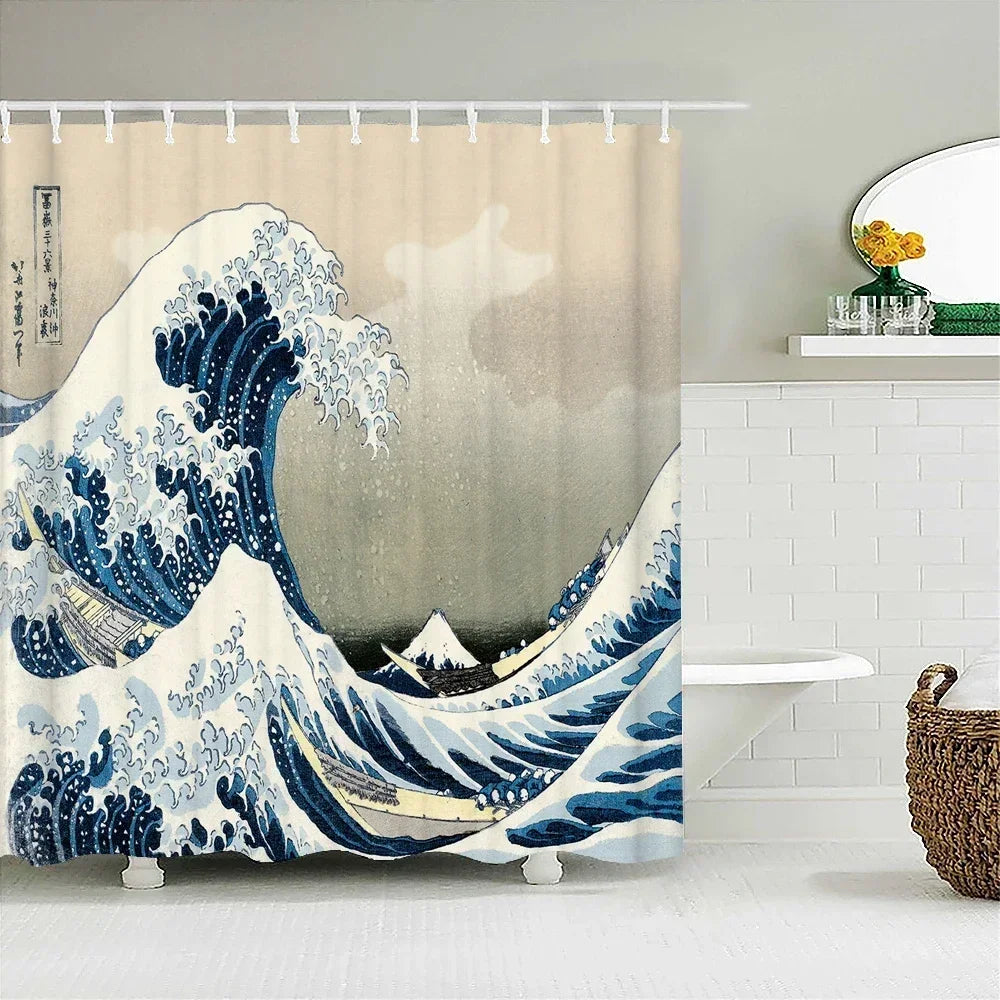 rideau douche imprimé vague japonais ourlet standard polyester opaque moderne tringle respectueux environnement