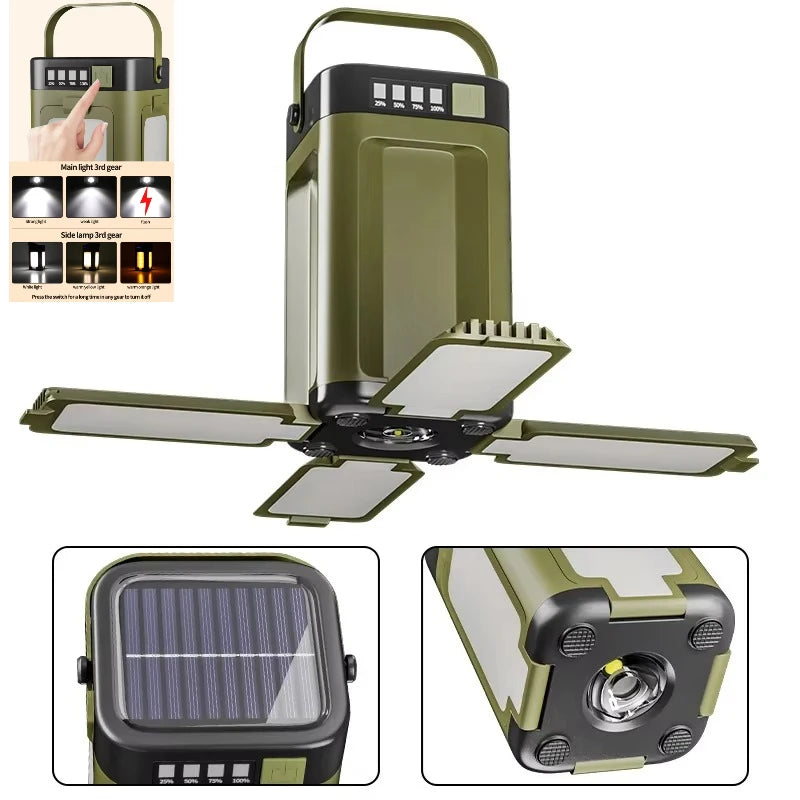 lampe solaire multifonctionnelle vert olive rechargeable camping affichage numérique usb type