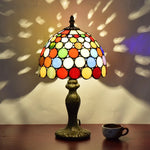 lampe table tiffany multicolore verre translucide abat jour motifs circulaires base sculptée vintage 36cm