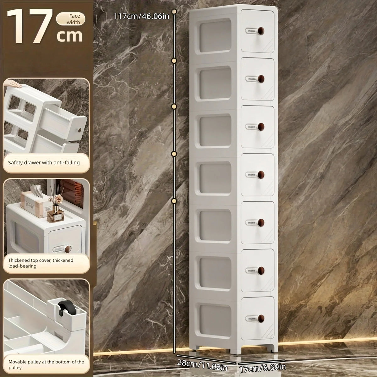 meuble rangement blanc moderne tiroirs transparents rayures diagonales noires pliable porte bouteilles cosmétiques