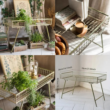 support plantes métal vintage étagère rectangulaire grille bohème rustique intérieur extérieur présentation fleurs herbes