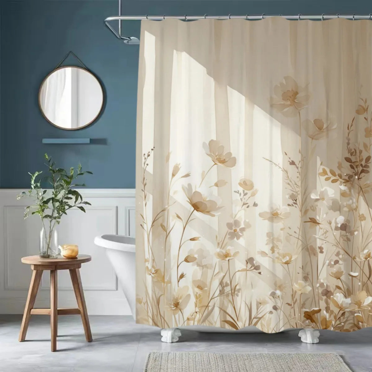 rideau douche moderne fleurs stylisées beige opalescent polyester jacquard naturel élégant salle bain respectueux