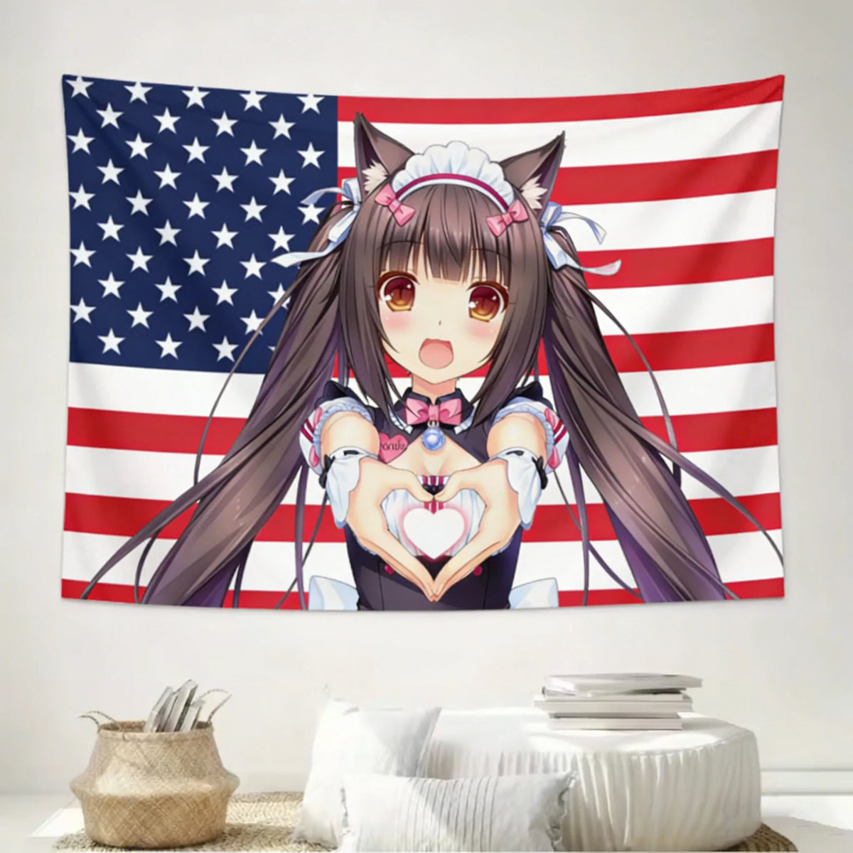 tapisserie dessin animé fille oreilles chat drapeau américain rouge blanc bleu erotique anime
