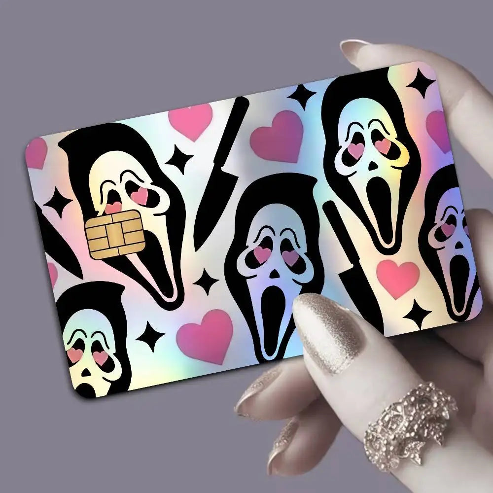 autocollants cartes bancaires effet laser pop art masques effrayants multicolores réutilisables
