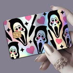 autocollants cartes bancaires effet laser pop art masques effrayants multicolores réutilisables