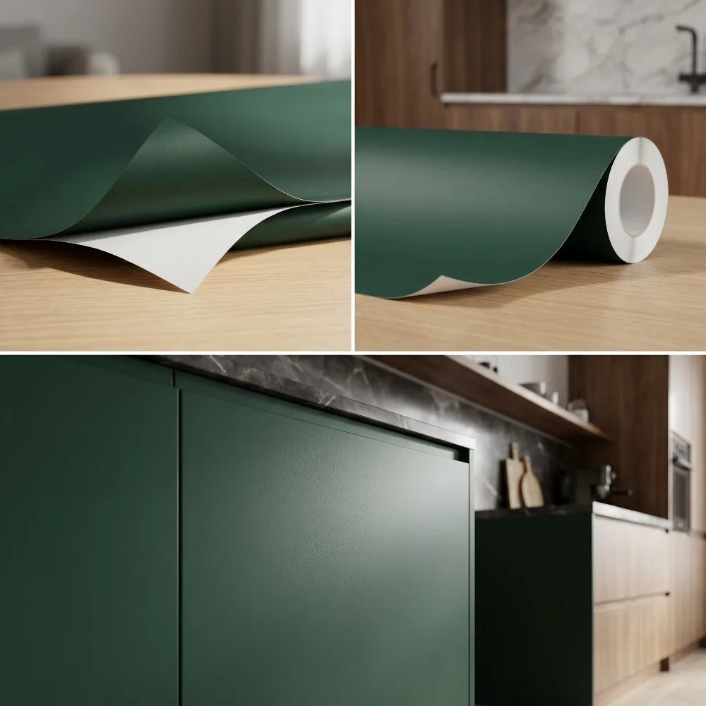 papier peint vinyle vert foncé moderne meuble cuisine salon autocollant mat imperméable poignées tapis