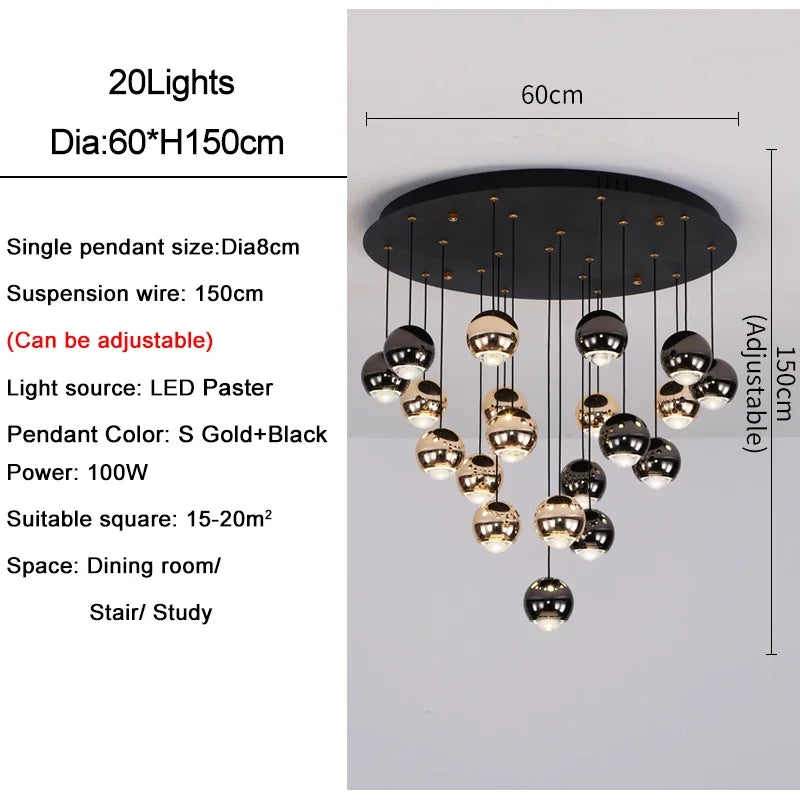 suspension lumineuse contemporaine noir doré sphères métalliques brillantes éclairage intérieur maison