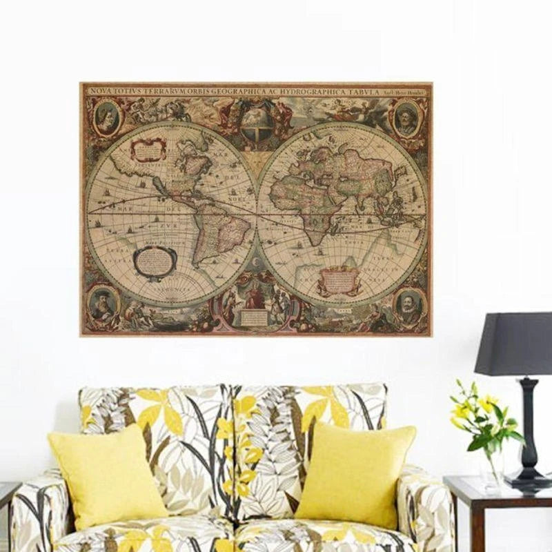 affiche carte monde ancienne vintage illustrations historiques beige marron 71x50cm