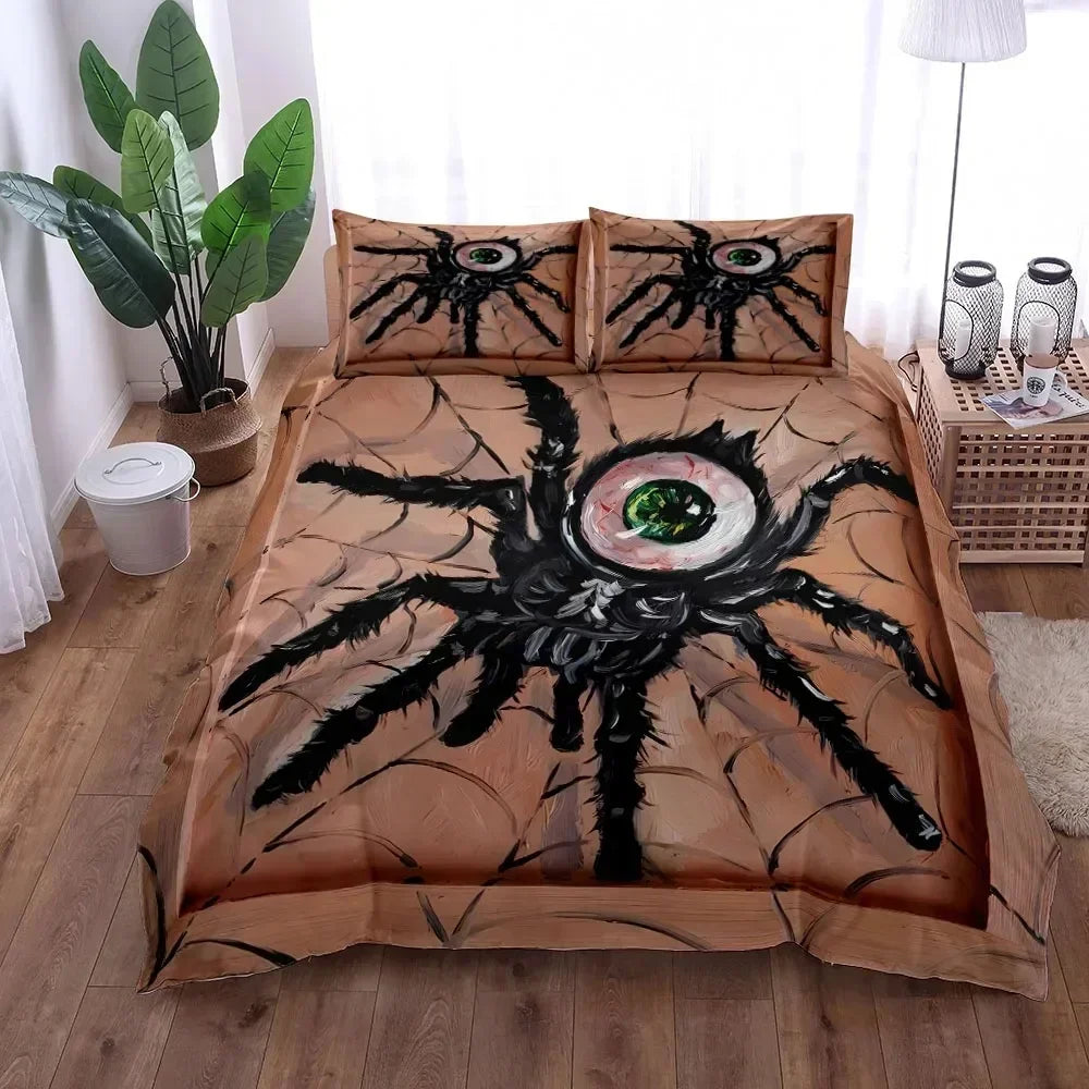 Housse de couette marron araignée 3D sur lit queen