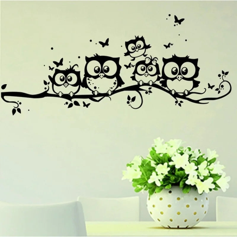 sticker mural oiseaux chouettes branches dessin animé adhésif noir salle enfant chambre salon