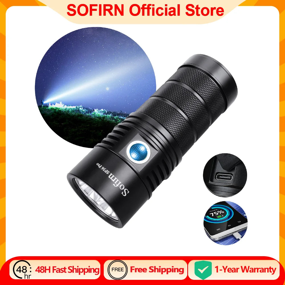 torche rechargeable led 8000 lumens 450m noir anti dérapant ipx8 aluminium